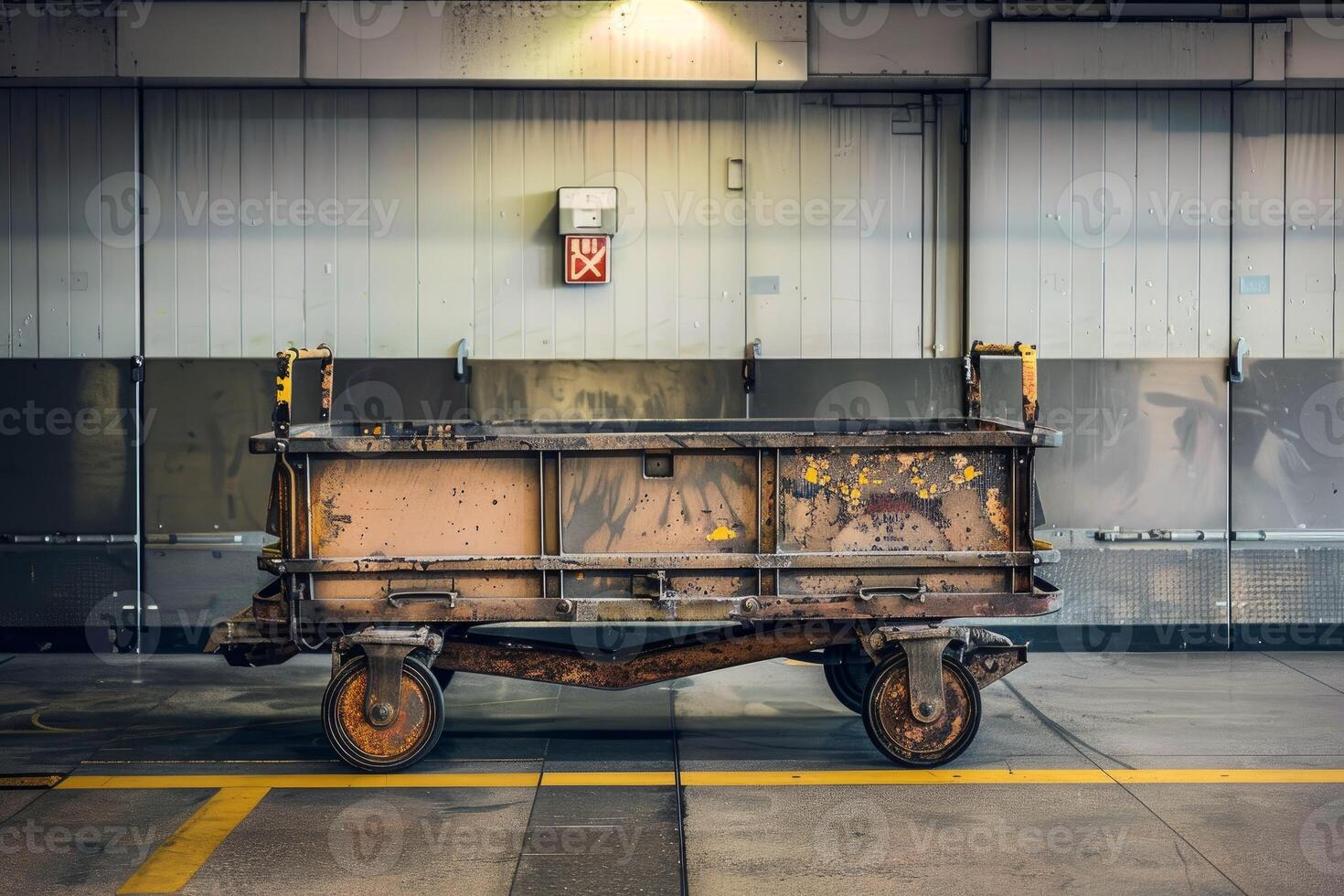 Old rusty industrial heavy duty platform trolley cart standing inside factory building photo