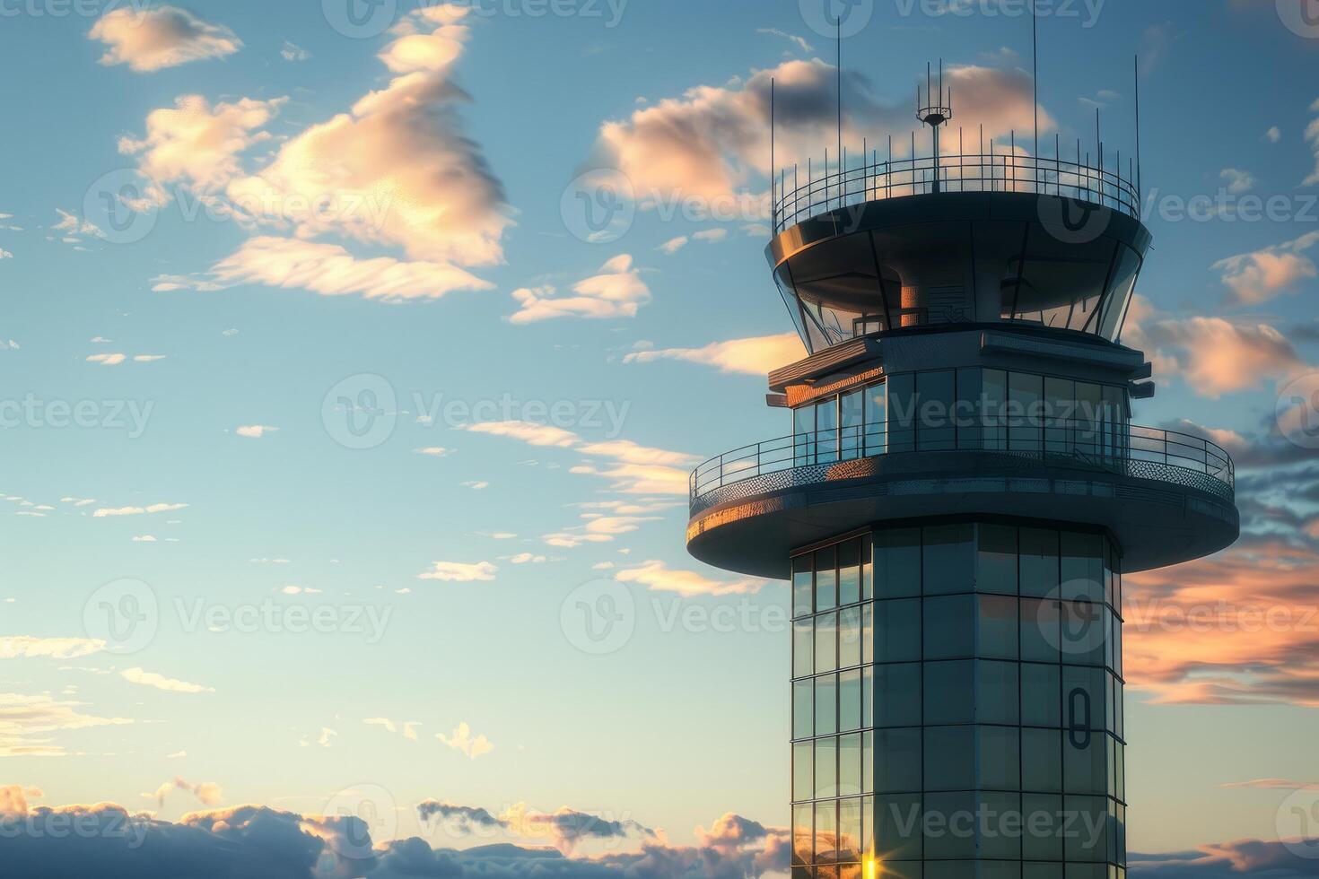 Modern airport control tower standing tall at sunset photo