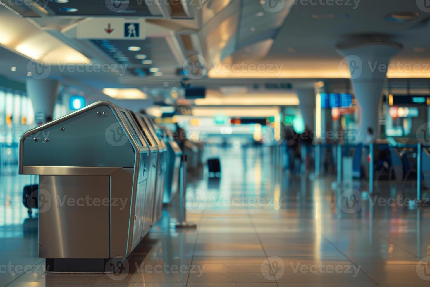 Empty check in counters standing in deserted airport terminal photo