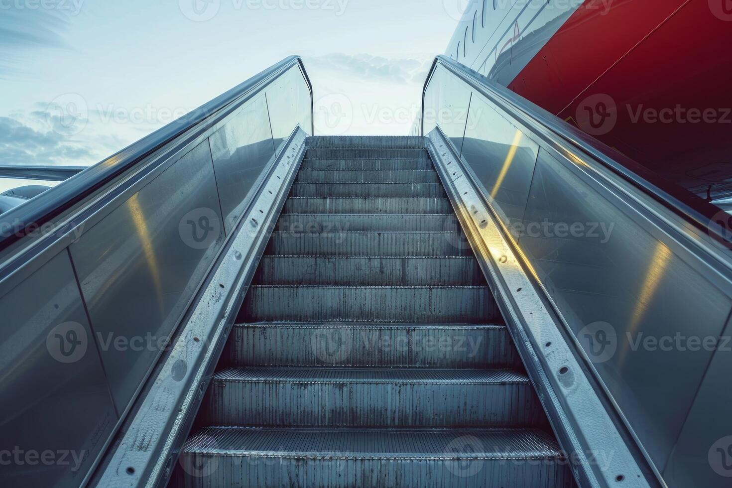 Empty escalator leading to airplane in airport at sunset photo