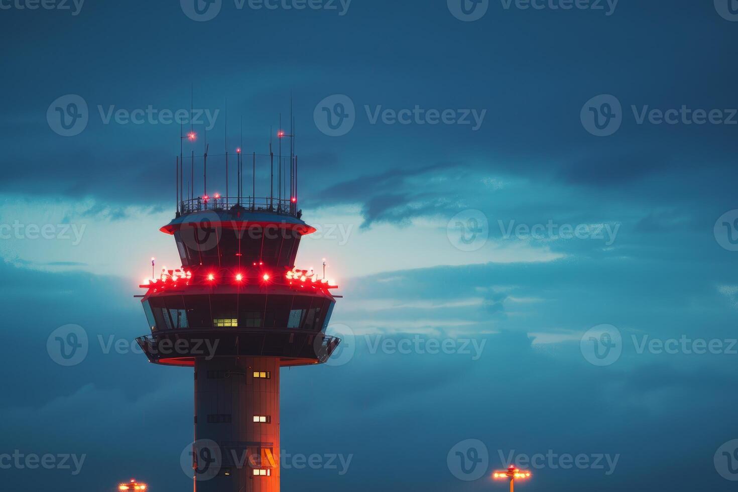 Air traffic control tower guiding airplanes at dusk with dramatic sky photo