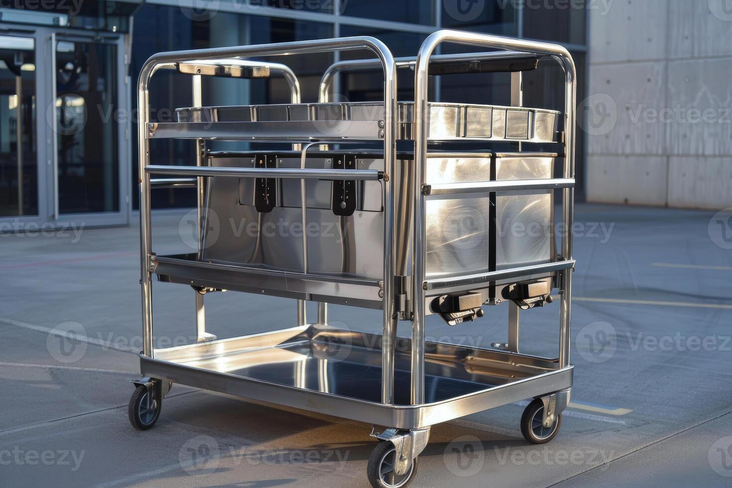 Empty stainless steel food service cart parked outside building photo