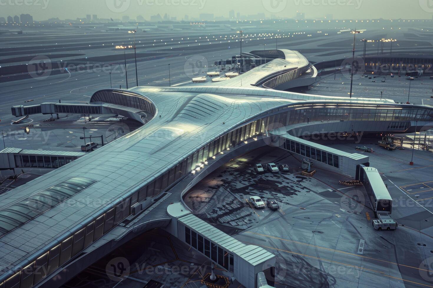 Modern airport terminal building connecting to airplane boarding bridge photo