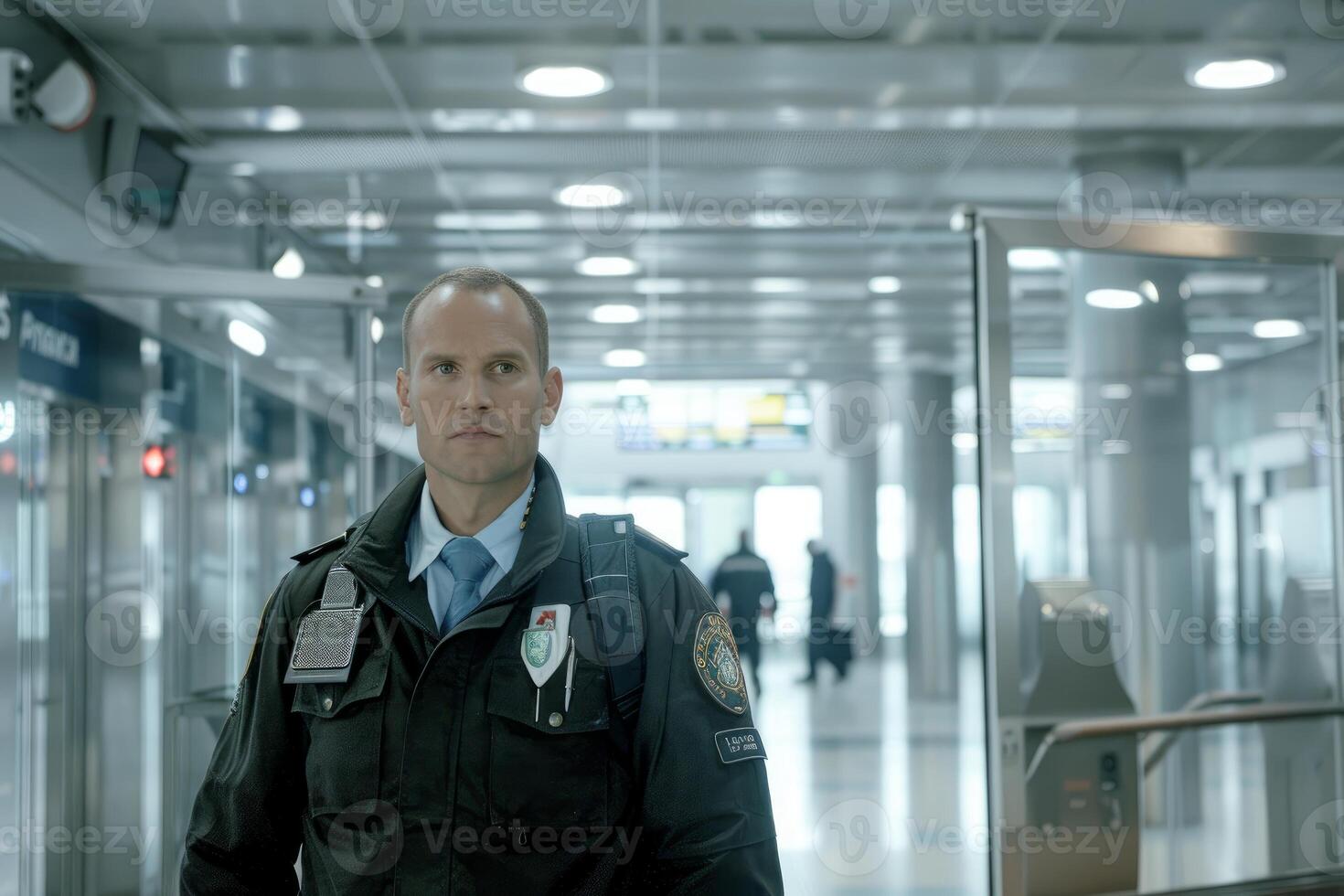 Security guard patrolling in airport terminal building photo
