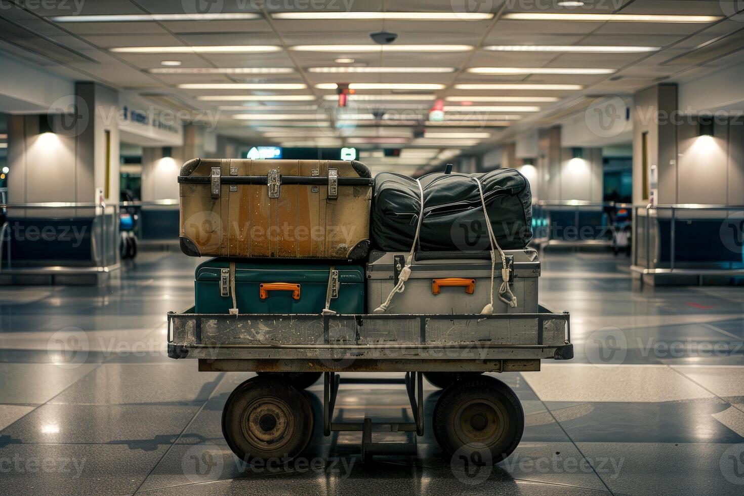 Luggage cart waiting in empty airport terminal photo