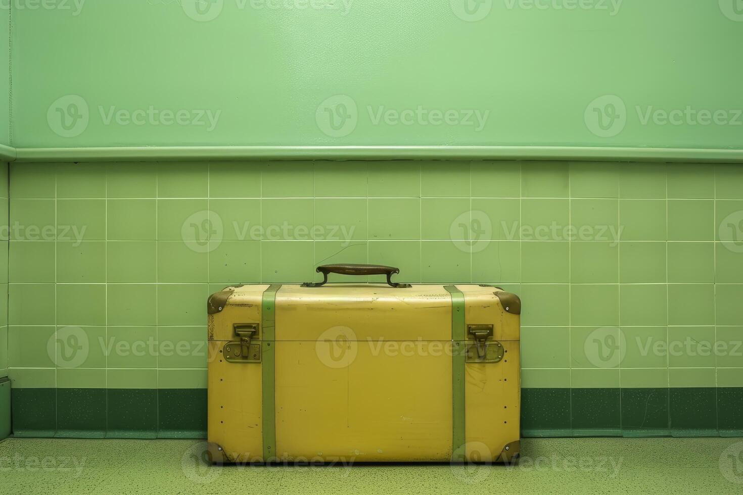 Old yellow suitcase sitting alone against green tiled wall photo