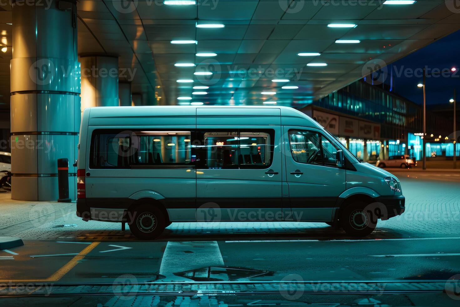 White minibus parked under modern building with neon lights at night photo