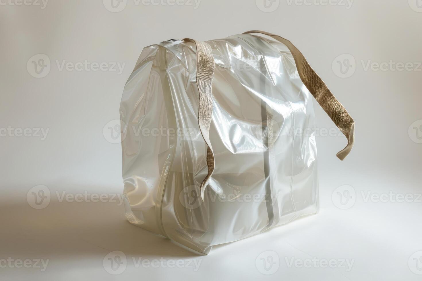 Transparent plastic bag standing upright with ribbon handles on white background photo