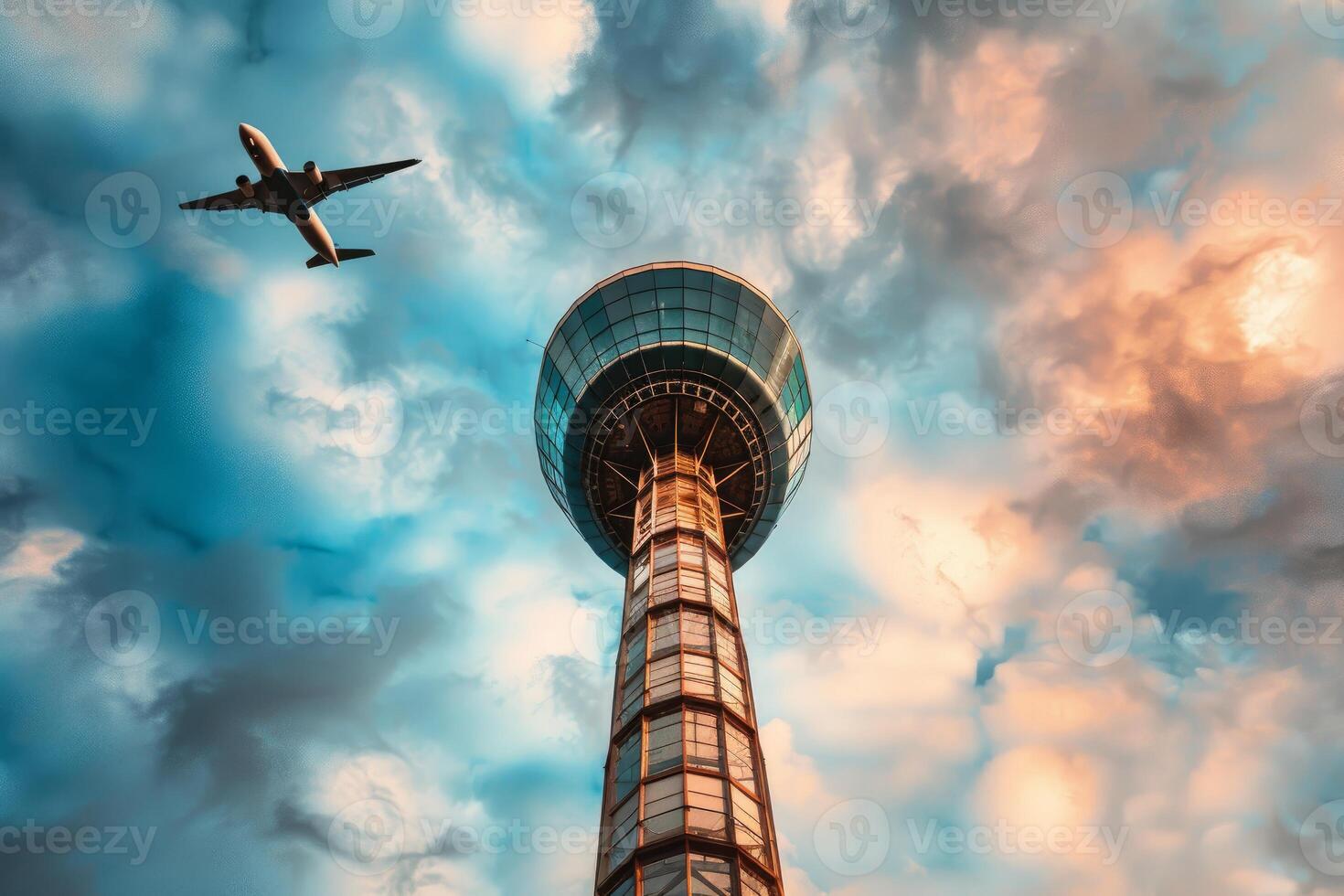 Airplane flying over modern control tower with cloudy sky background photo