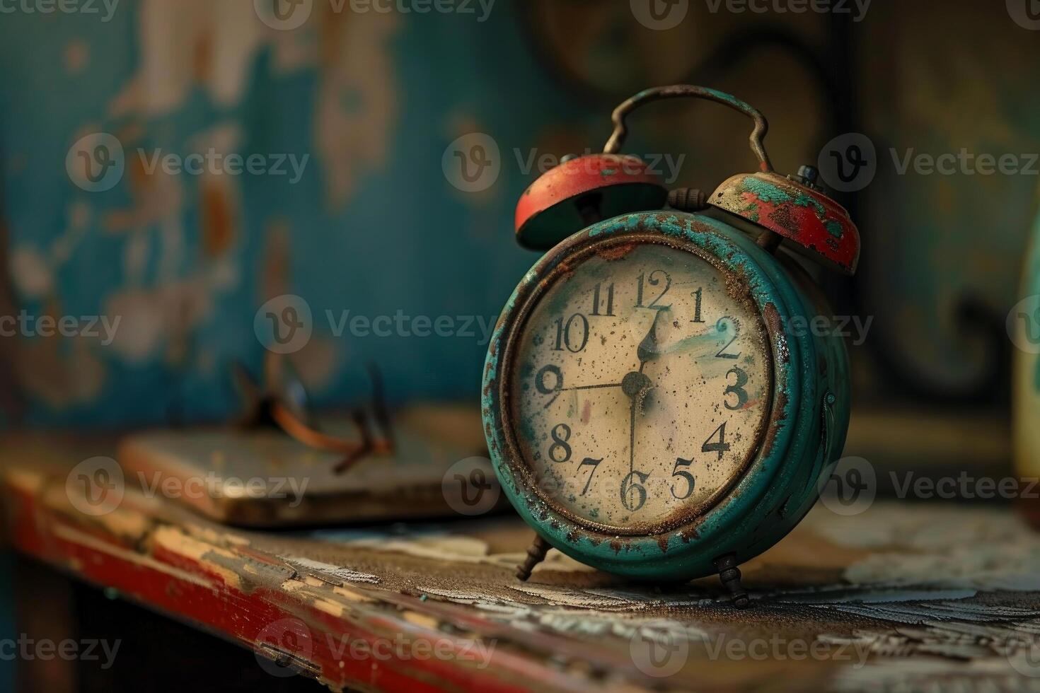 Old rusted teal alarm clock ticking showing time on wooden surface photo