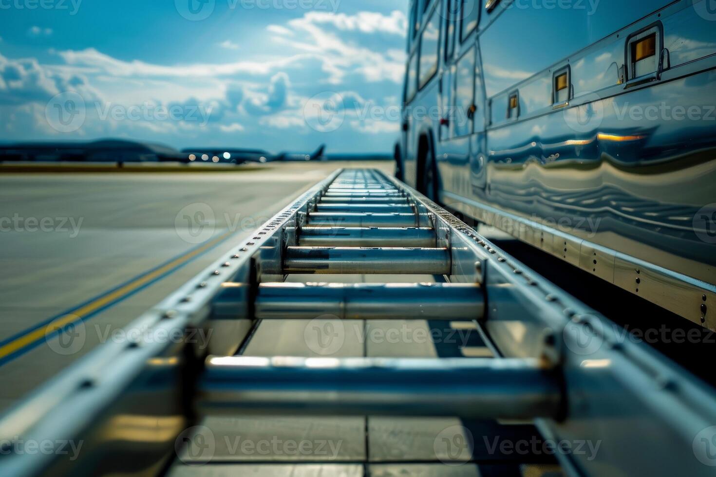 Empty passenger boarding bridge is extending on the tarmac photo