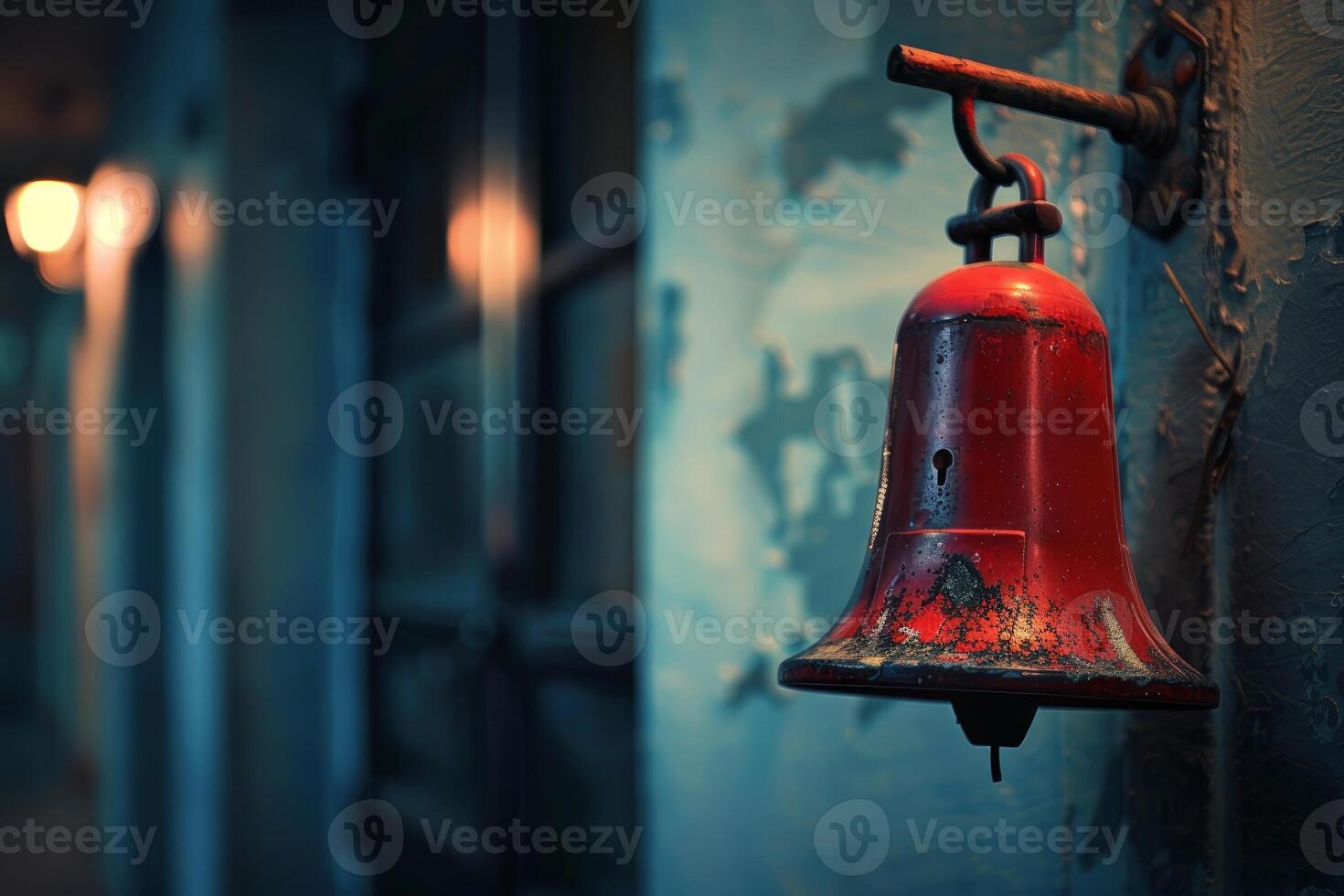Old red metallic bell hanging on a wall waiting to ring photo
