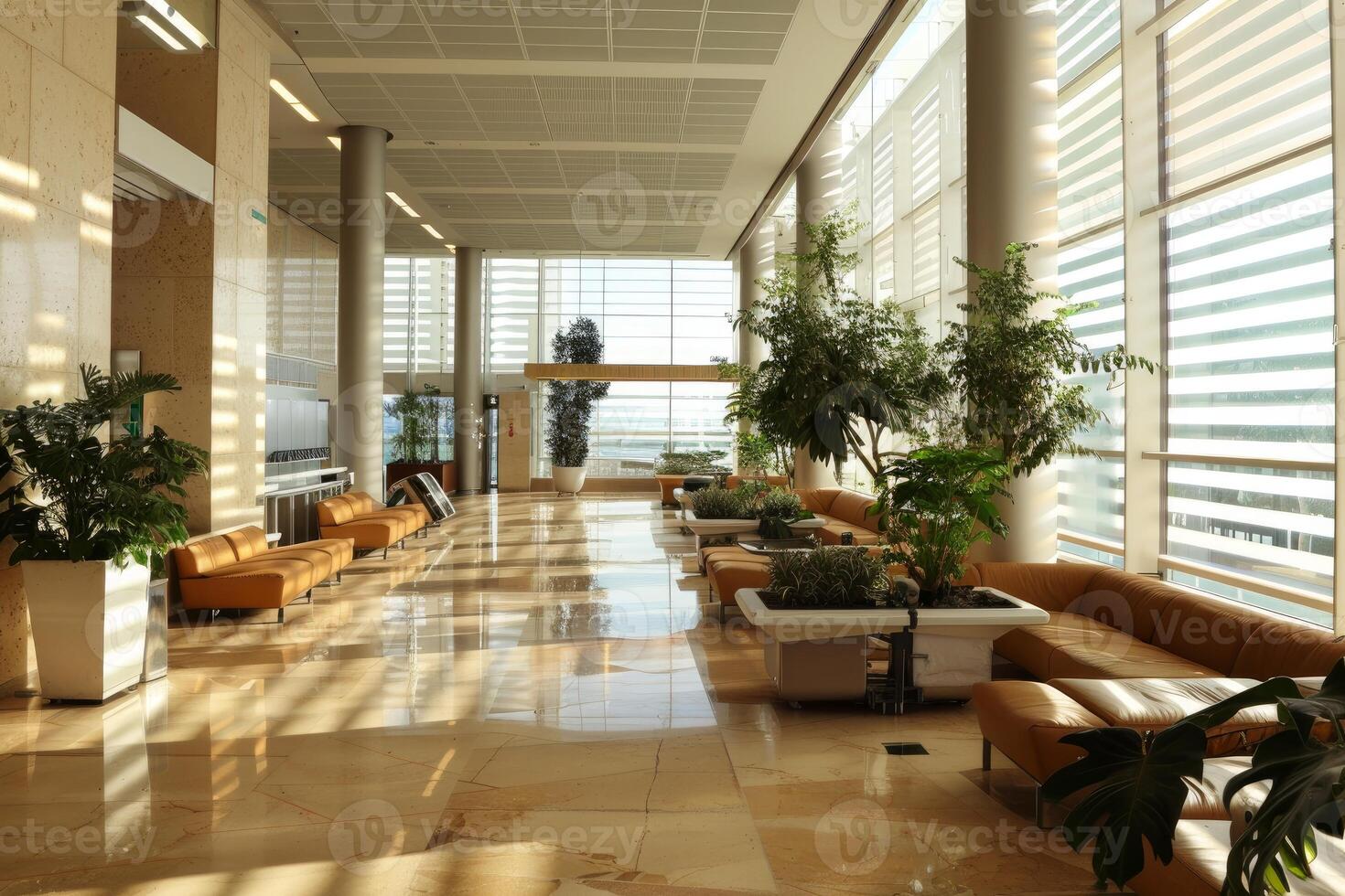 Modern office building lobby interior with large windows allowing sunlight photo