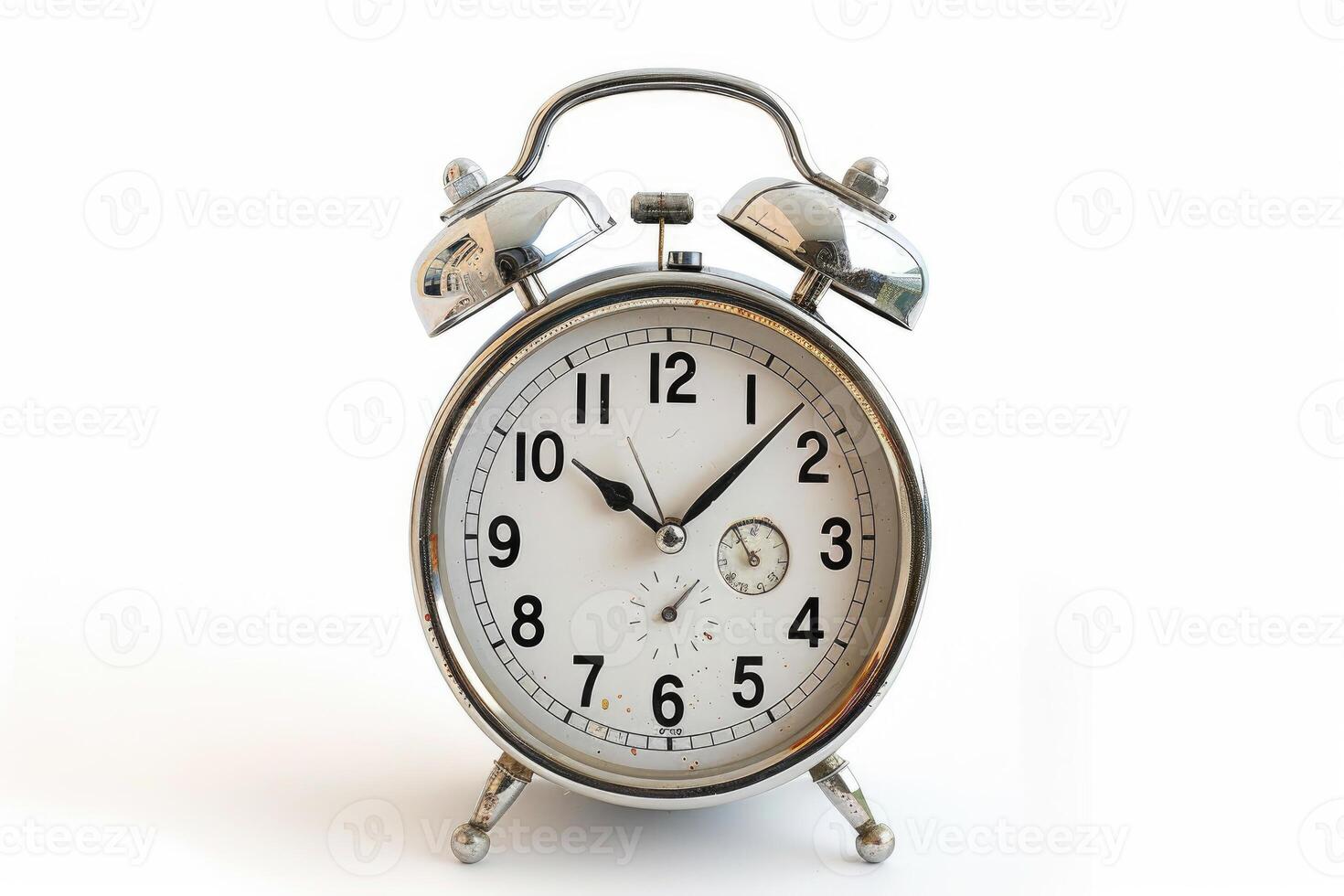 Vintage alarm clock displaying time on white background photo