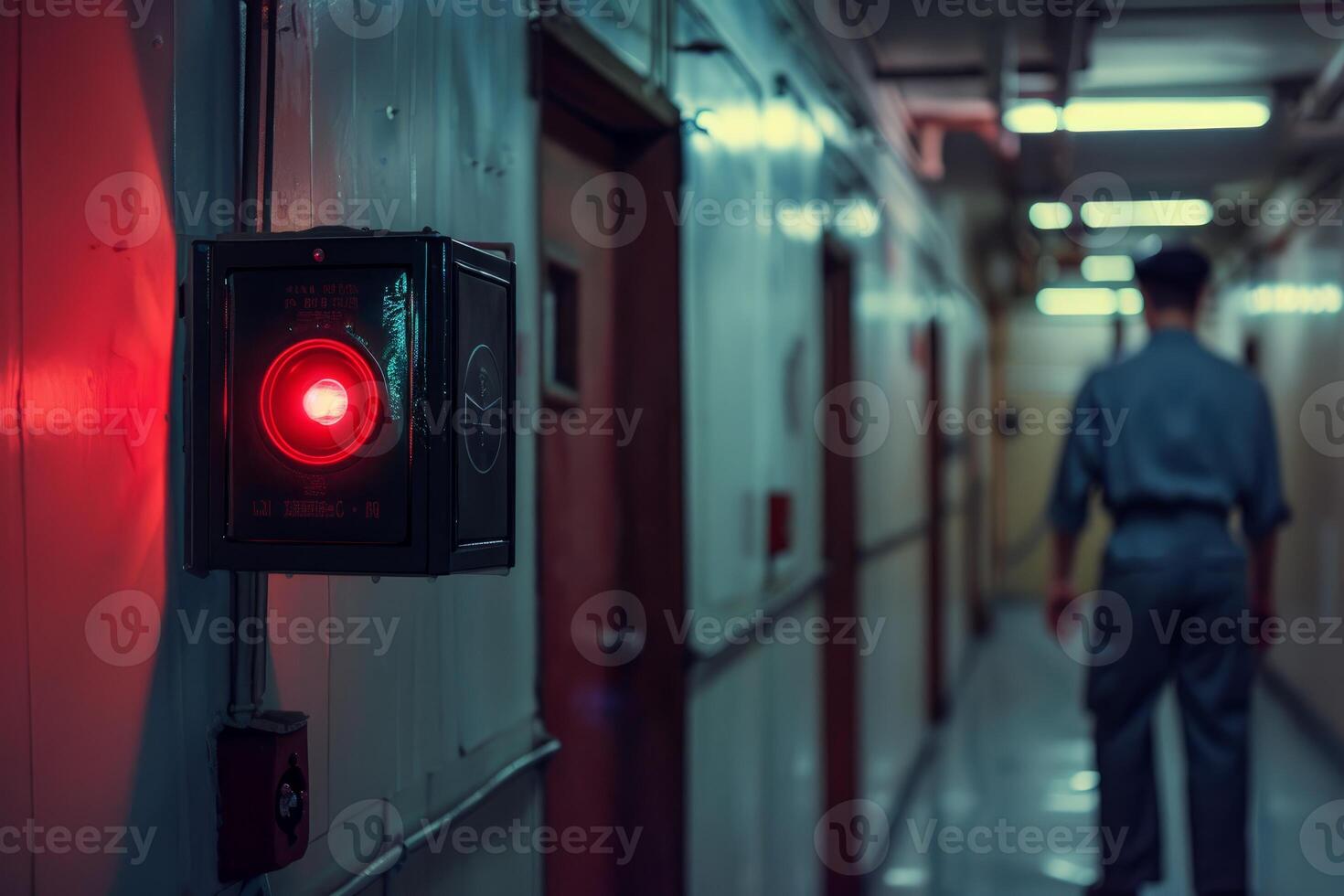 Industrial worker walking in corridor with red alarm light photo