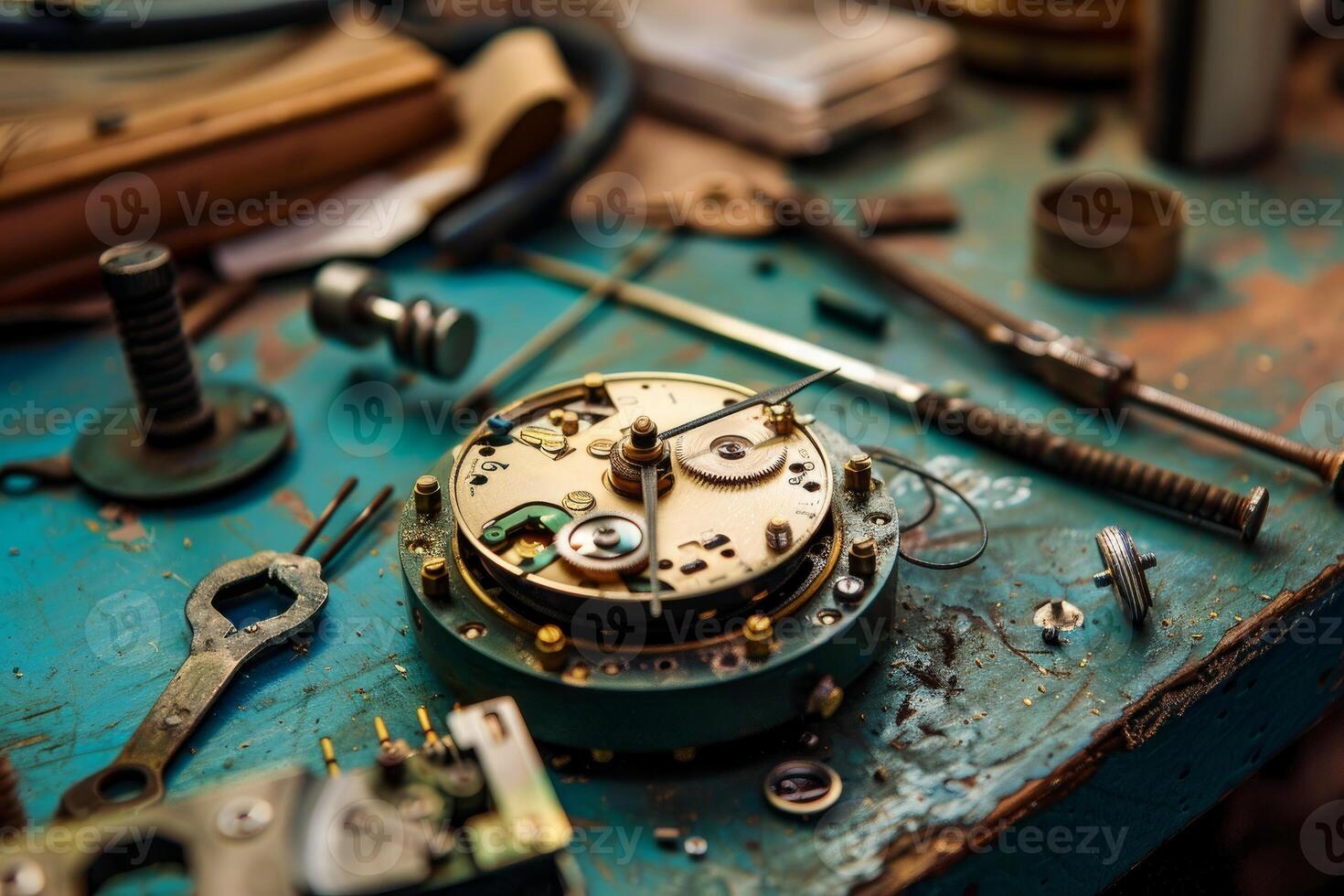 Watchmaker repairing mechanical wrist watch on the workbench photo
