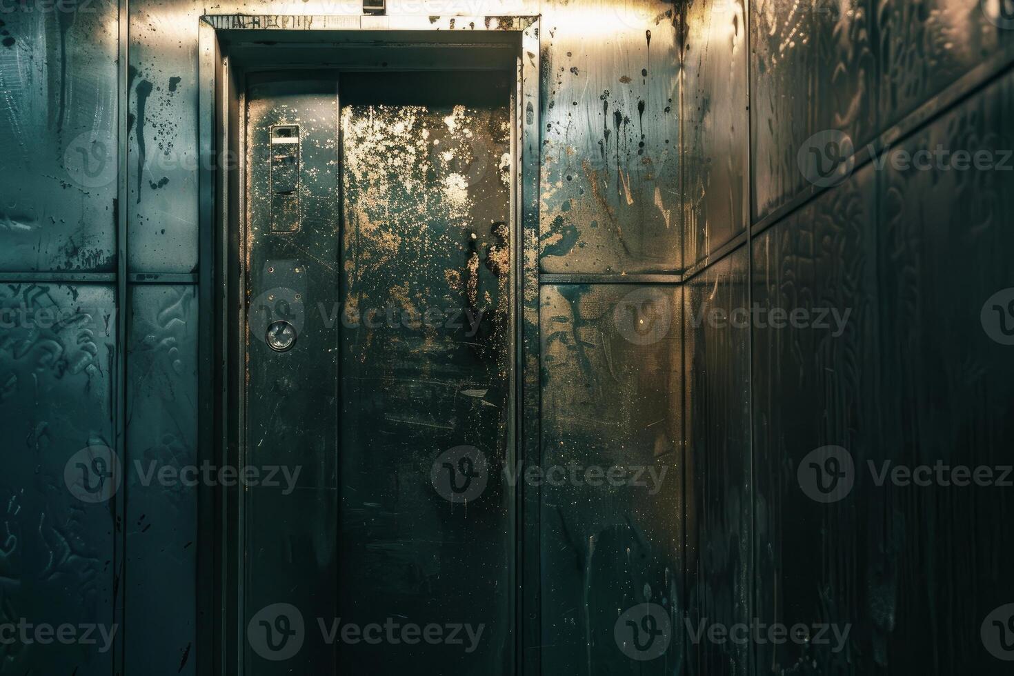 Old metallic elevator door covered in stains and scratches photo
