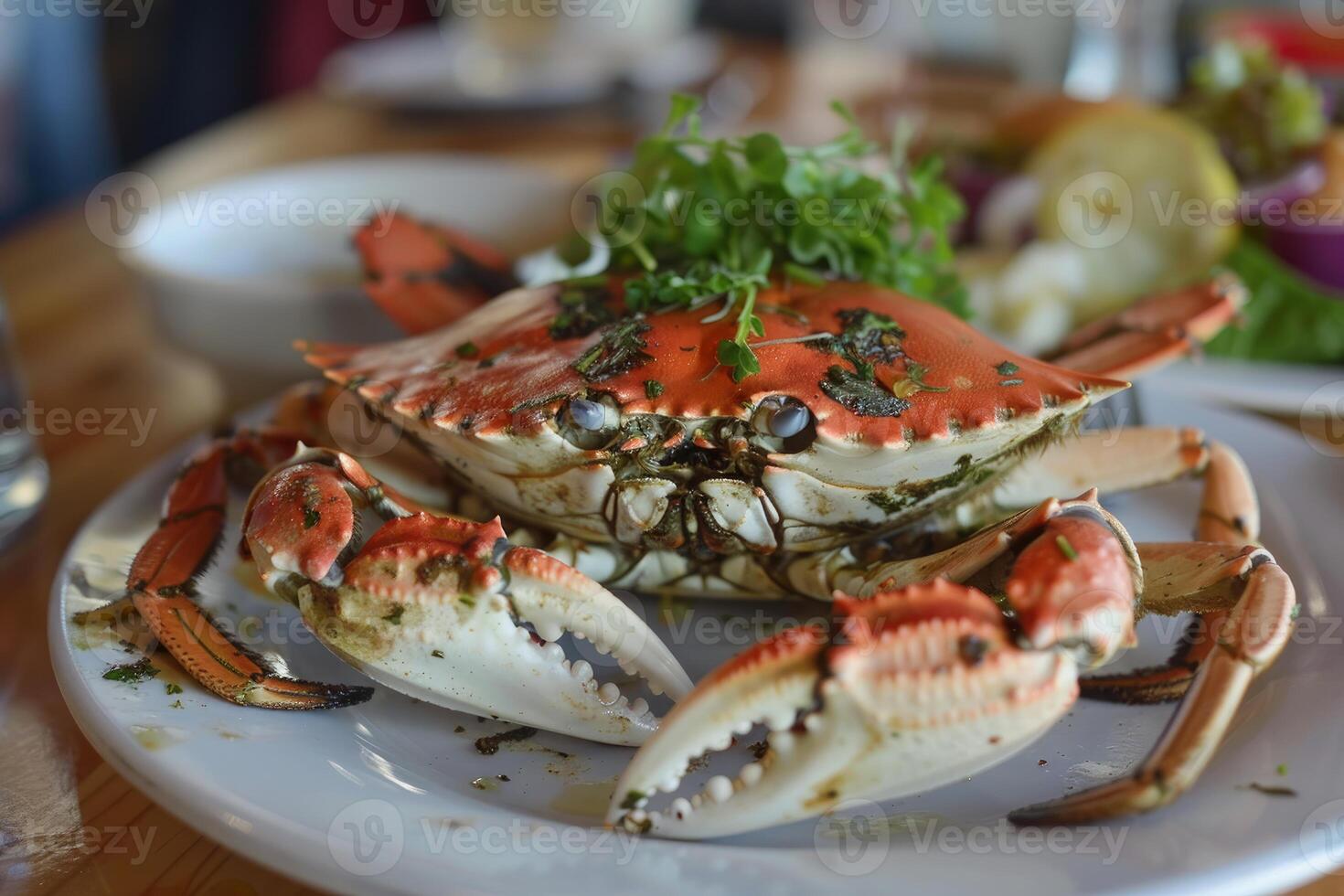Whole cooked crab sitting on plate in restaurant photo