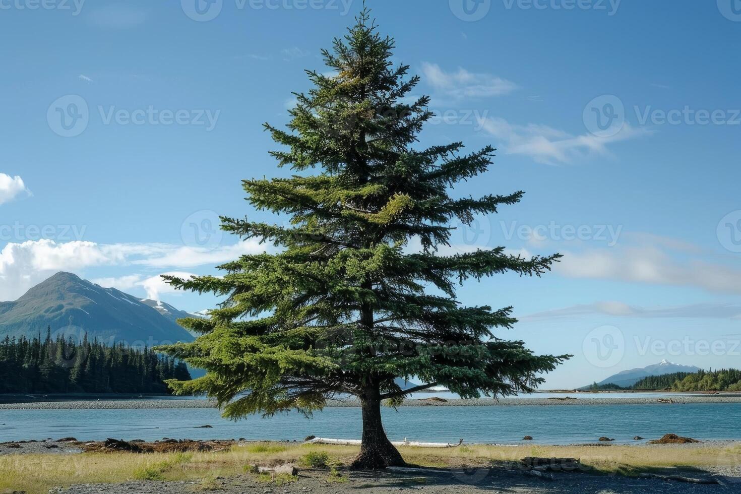 Lone pine tree standing on the shore of an alaskan lake photo