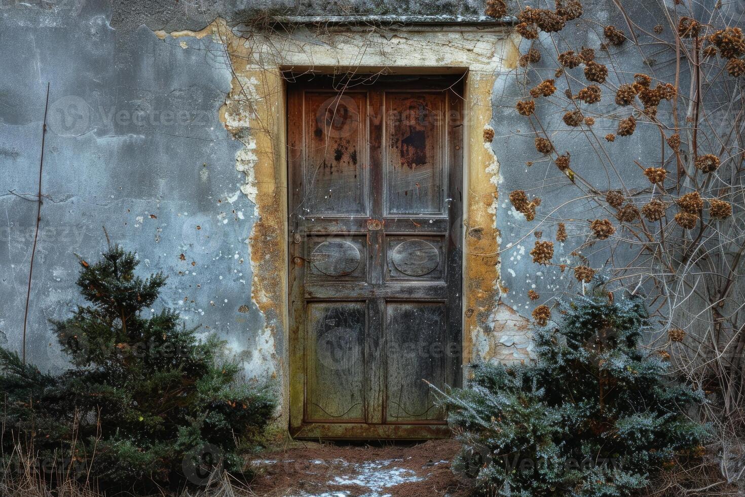 Old wooden door on a crumbling concrete wall with overgrown shrubs photo