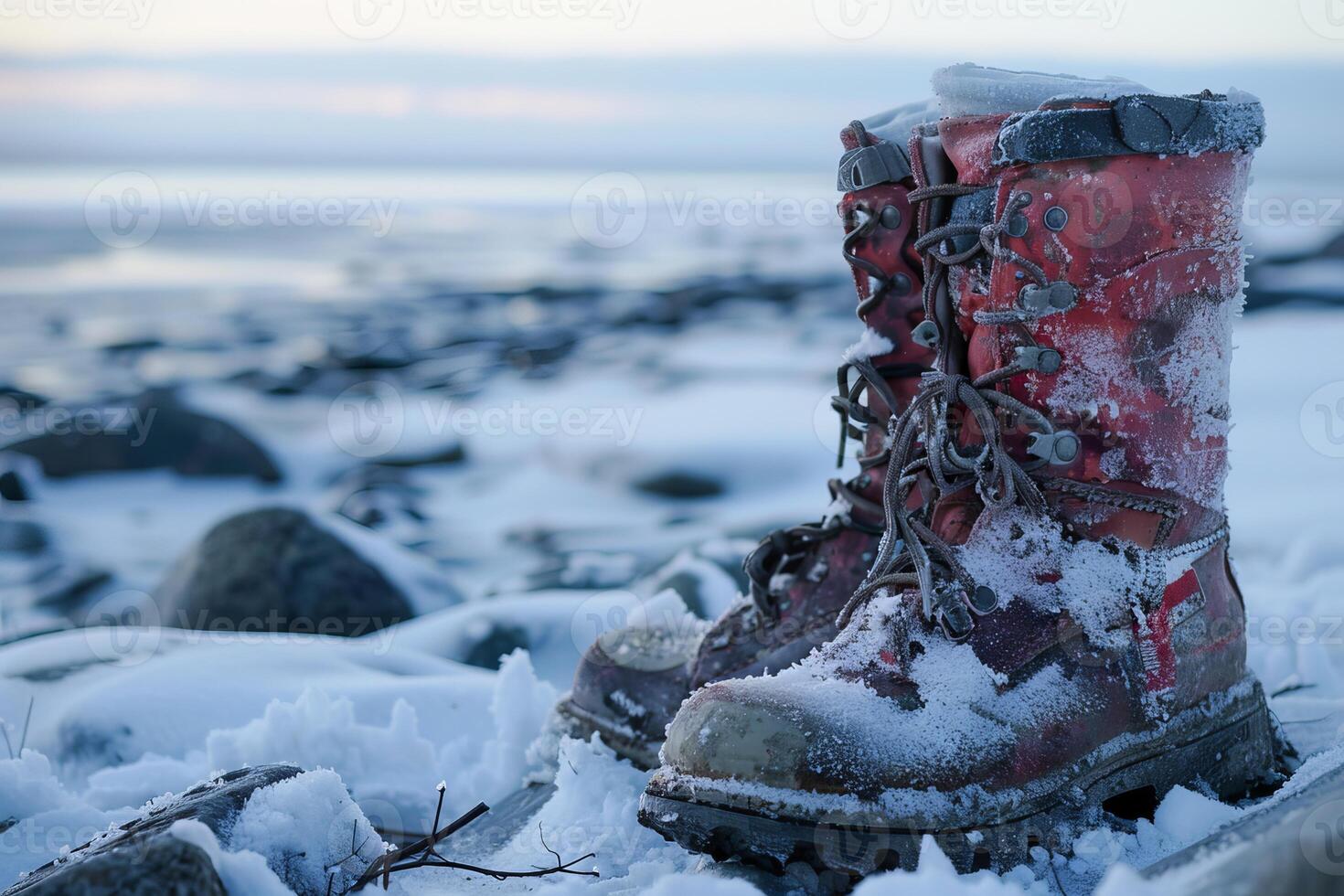 Pair of frozen hiking boots standing on snow covered rocks by the water photo