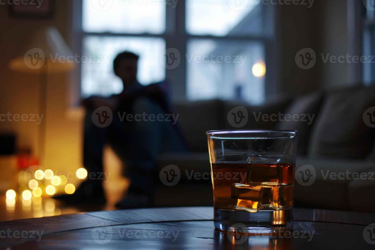 Glass of whiskey sitting on table with man drinking alcohol in background photo