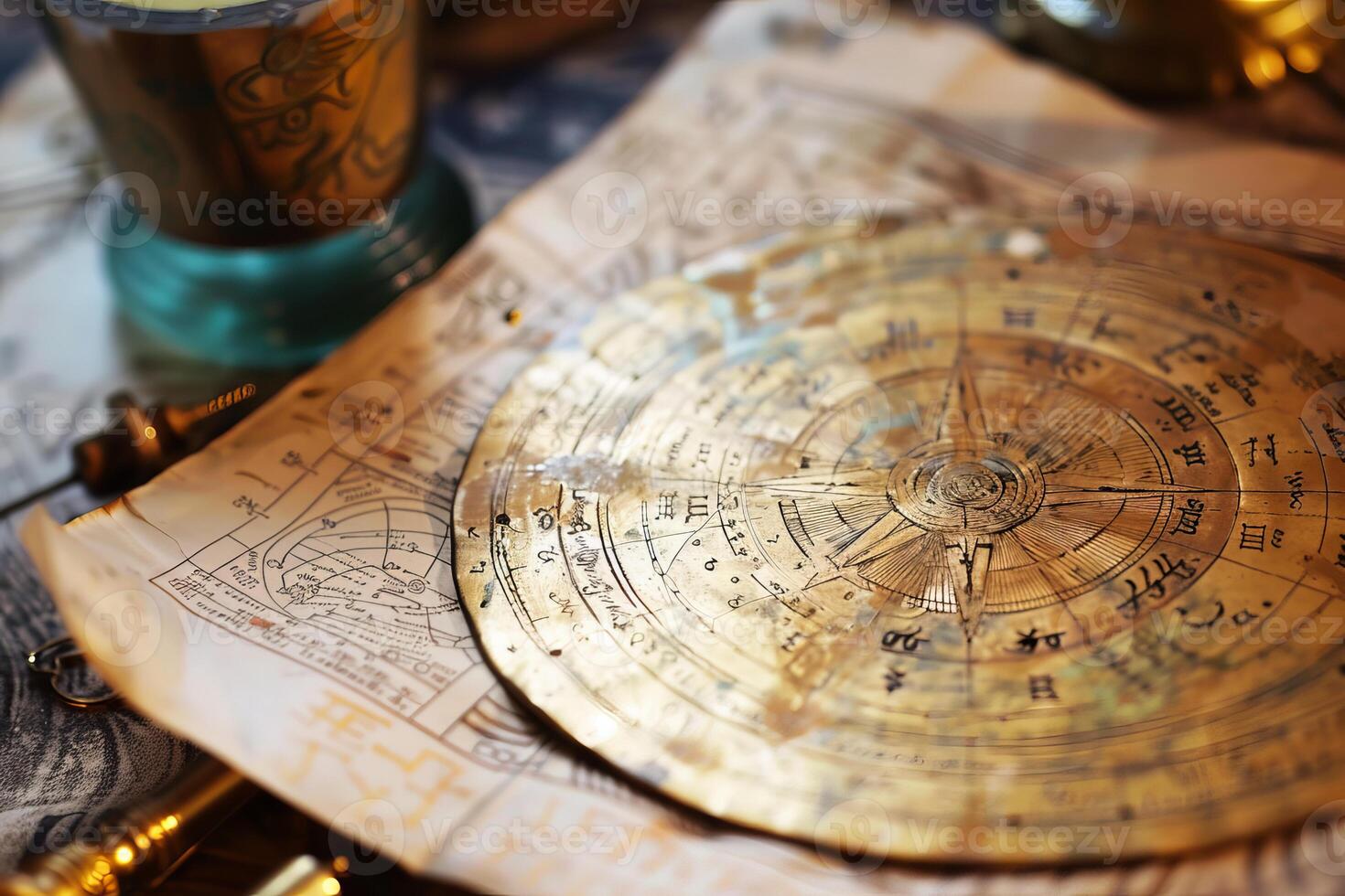 Antique brass astrolabe resting on a vintage paper map photo