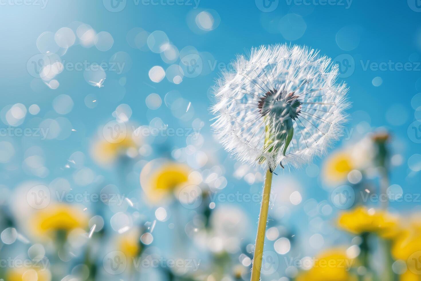 Dandelion spreading seeds in a field of flowers photo
