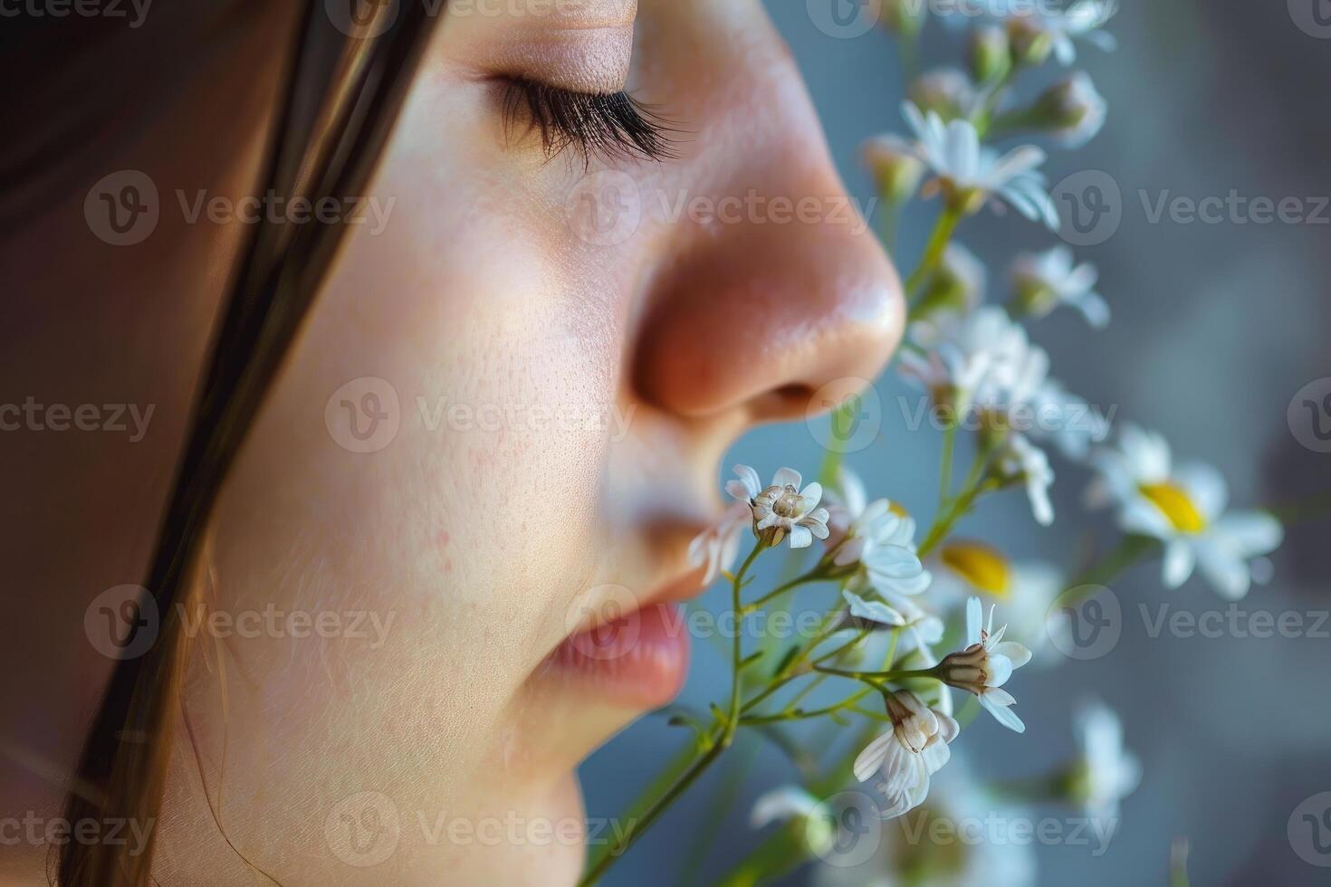 Young woman enjoying smell of chamomile flowers with eyes closed photo