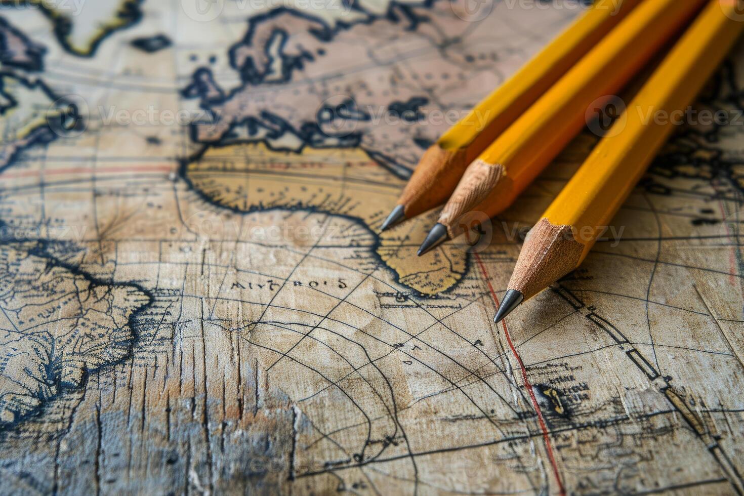Three pencils pointing at destinations on an antique world map photo