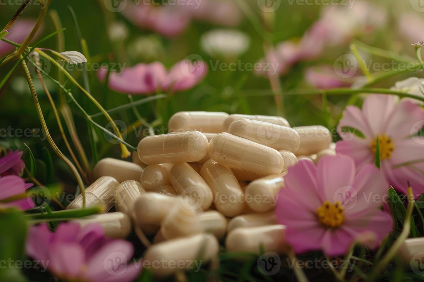 Herbal medicine capsules lying in green grass with pink cosmos flowers photo