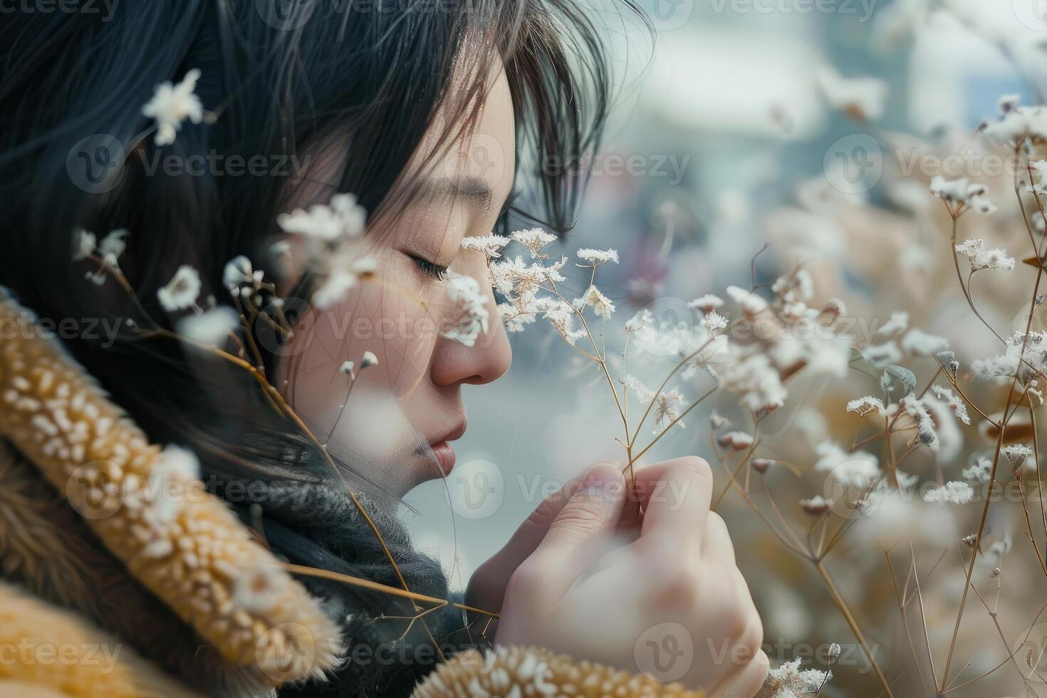 Young woman smelling dried flowers in a field of flowers photo