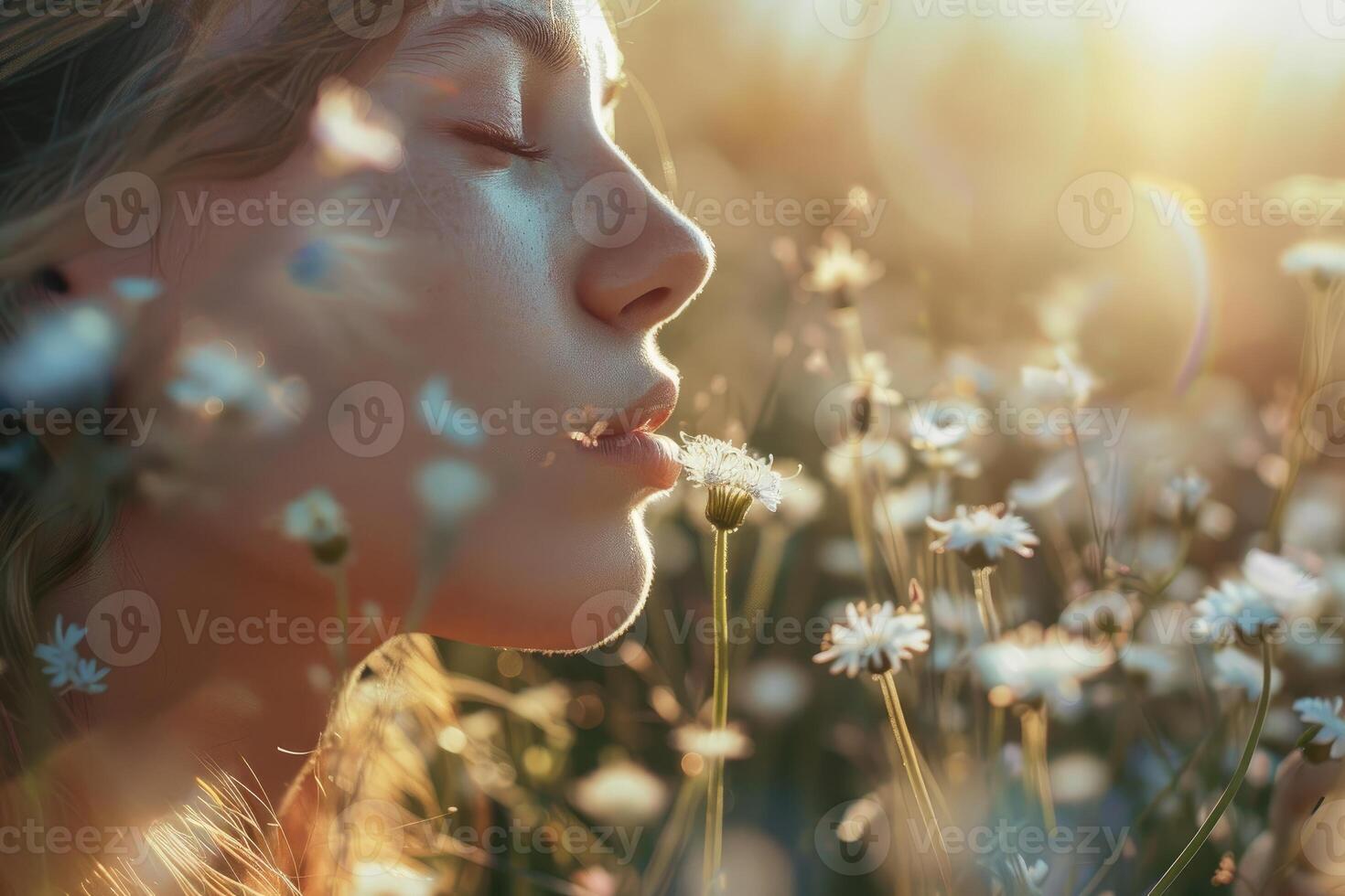 Young woman gently blows on a wildflower in a field at sunset photo
