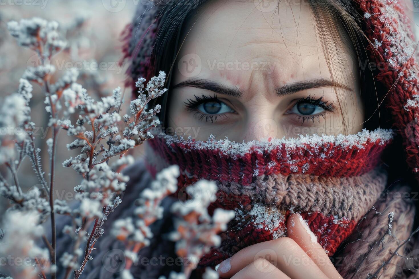 Young woman wearing scarf is freezing in winter landscape photo