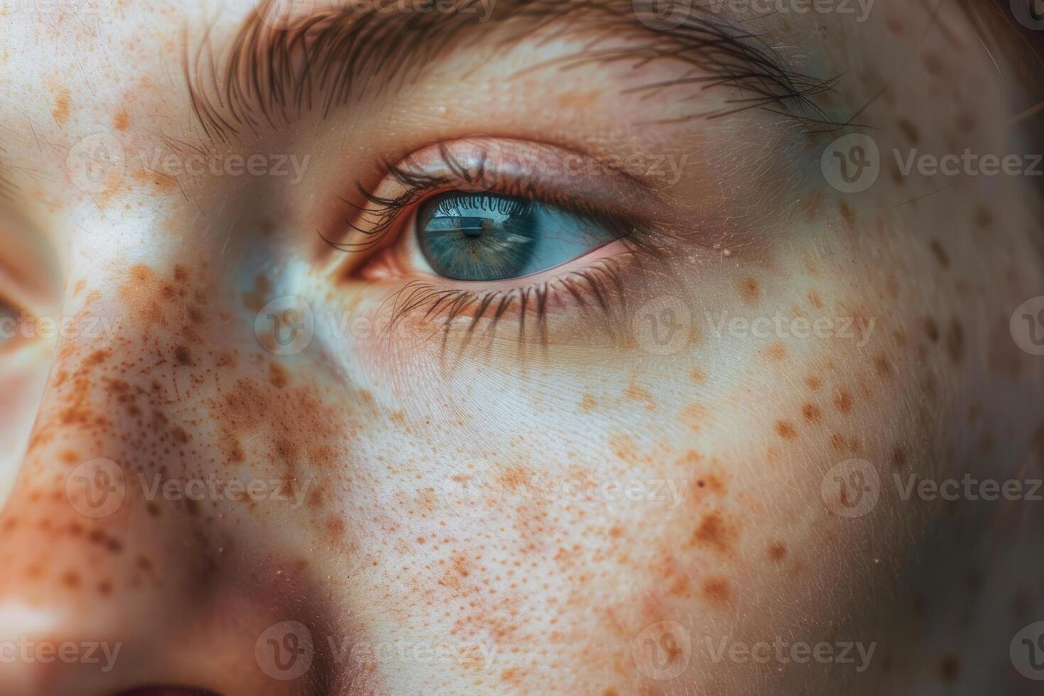 Young woman with freckles is looking away from the camera photo