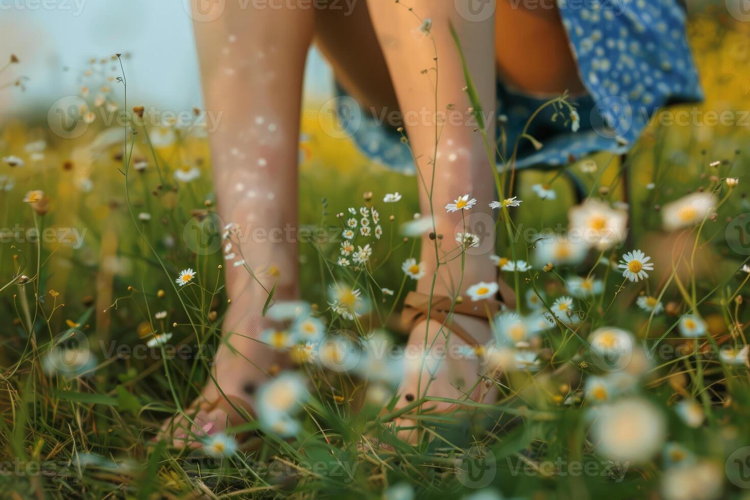 Woman walking barefoot in field of daisies enjoying summer photo