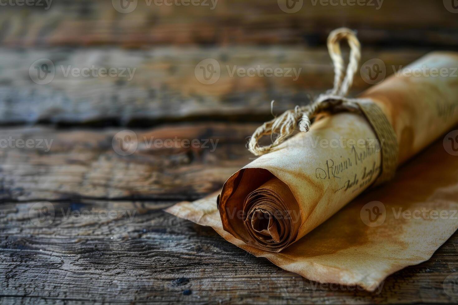Old paper scroll tied with string lying on wooden table photo
