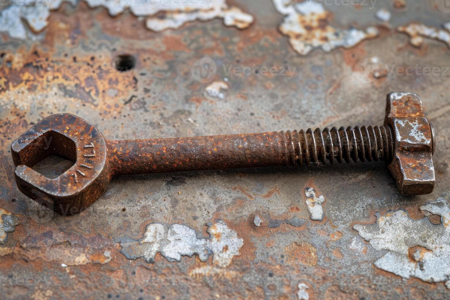 Rusty wrench resting on a rusty metal surface photo