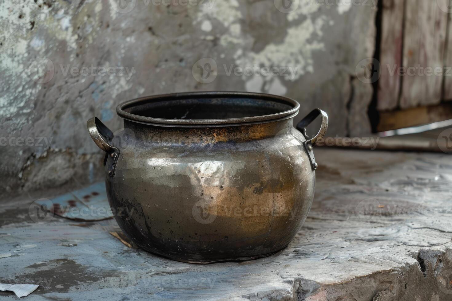 Old metal pot sitting on concrete surface photo
