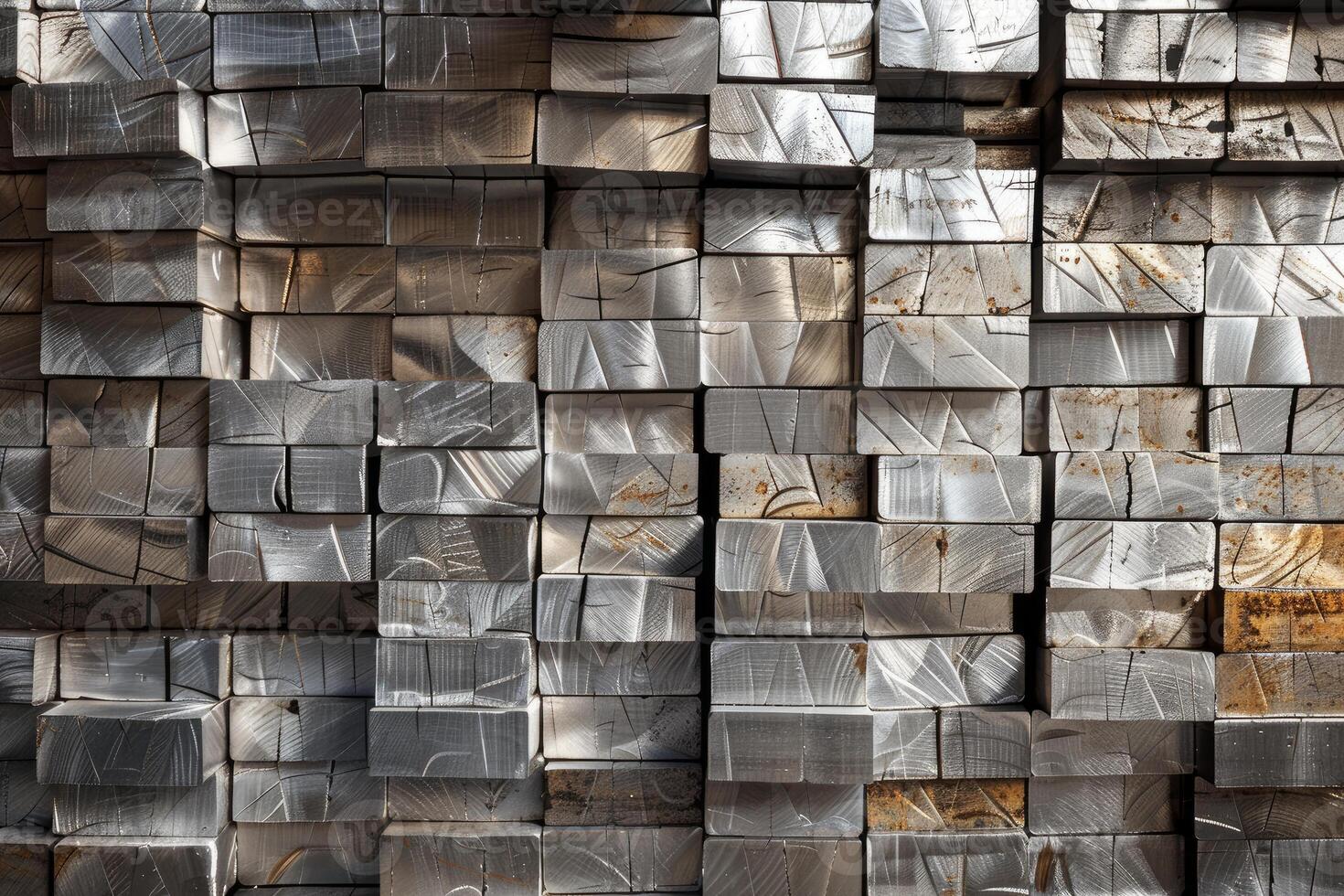 Stack of aluminum bars creating abstract metallic background texture photo