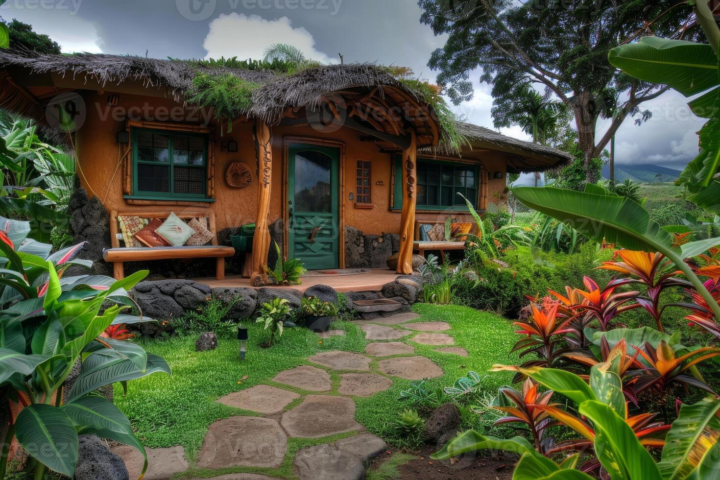 Tropical bungalow surrounded by lush greenery and a stone path leading to the front door photo