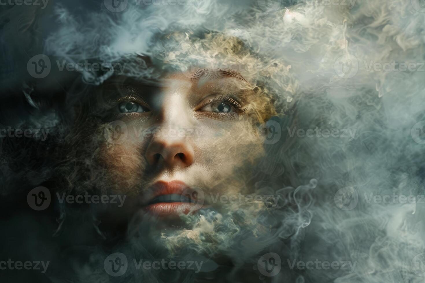 Woman emerging from smoke with hopeful expression on face photo