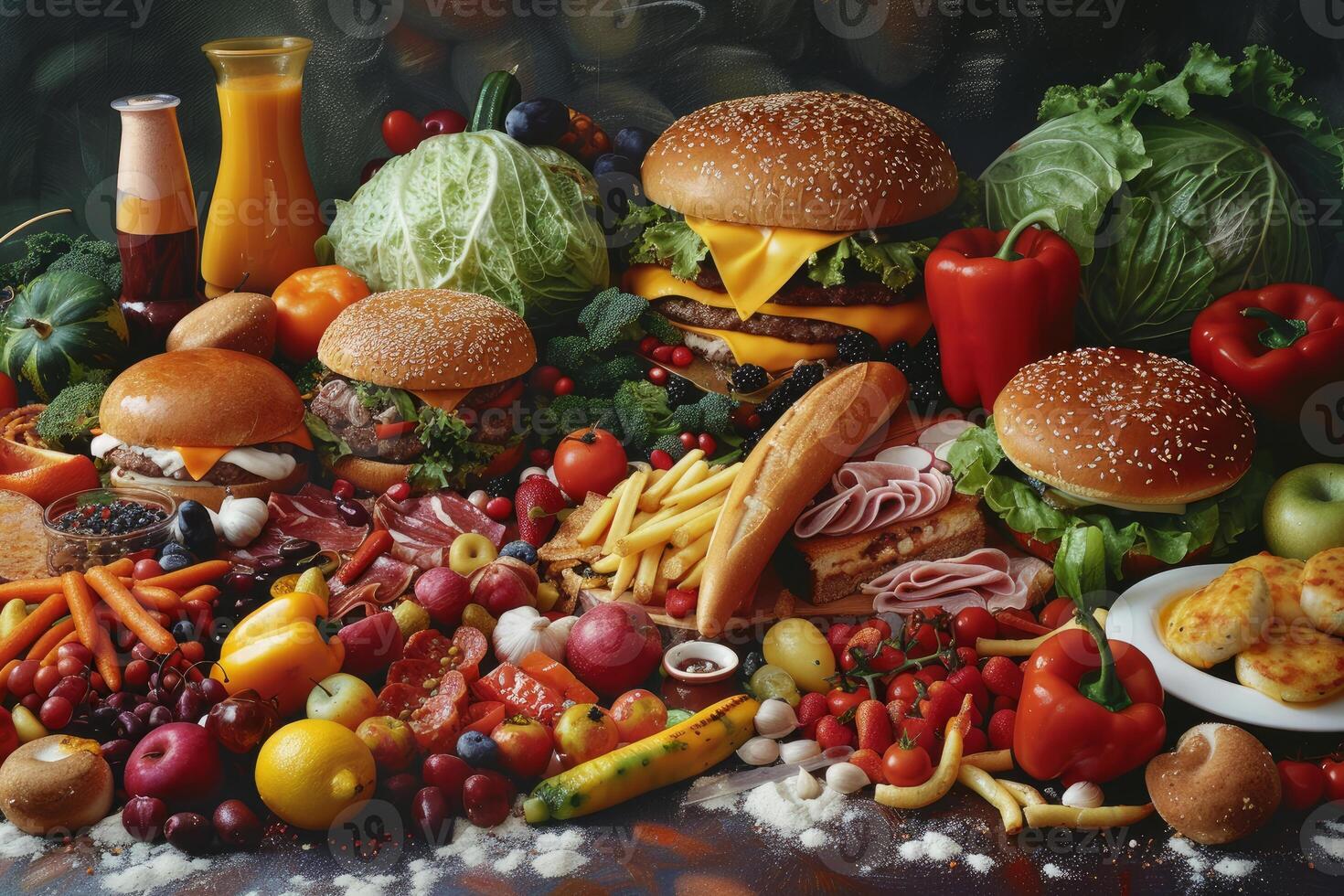 Fresh vegetables and fruits lying on table with fast food photo