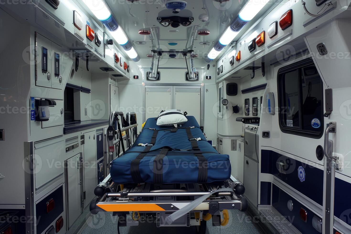Empty stretcher waiting for patient inside modern ambulance vehicle photo