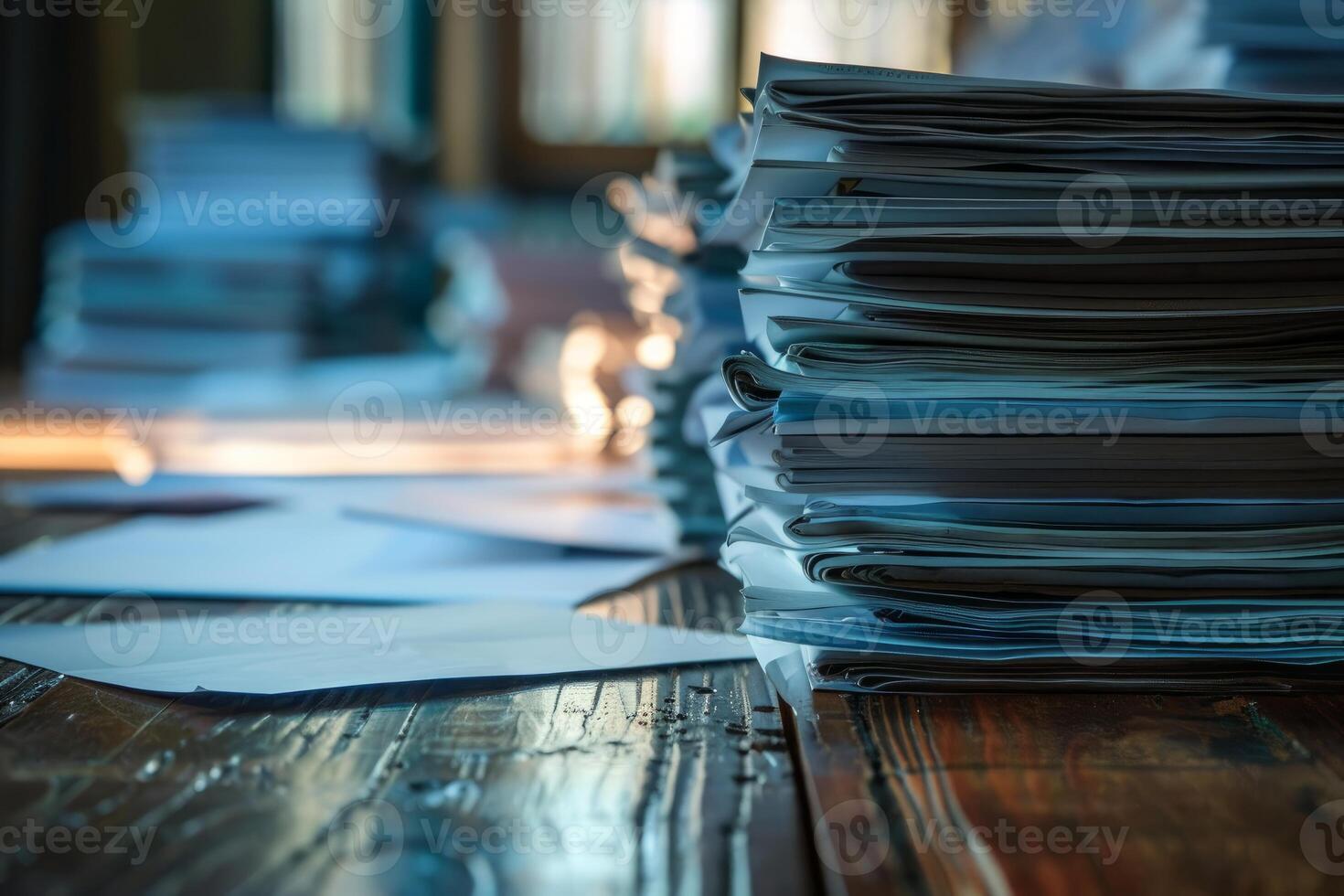Stack of unsorted paperwork sitting on a desk in an office photo