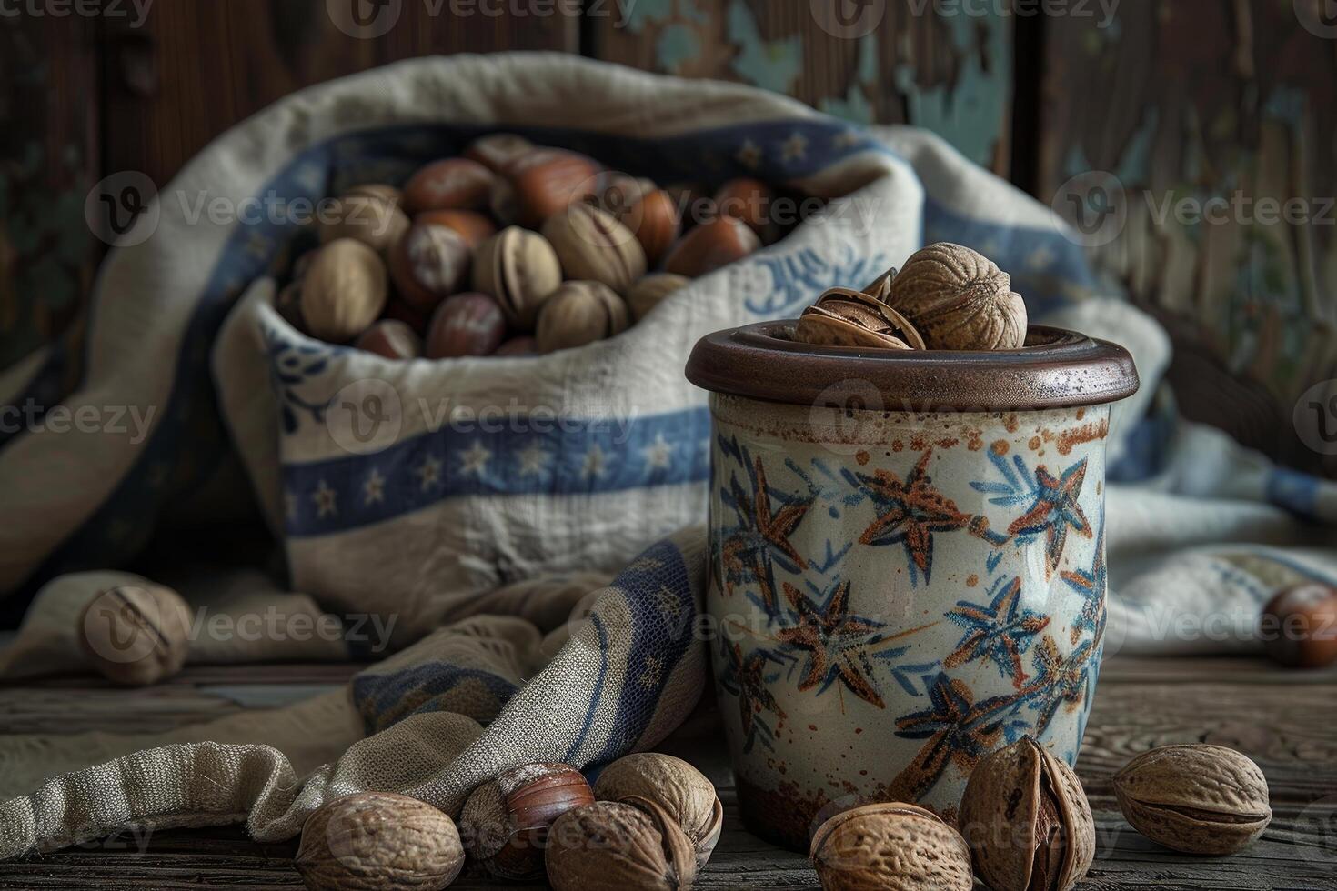 Mixed nuts overflowing from rustic bag near ceramic jar photo