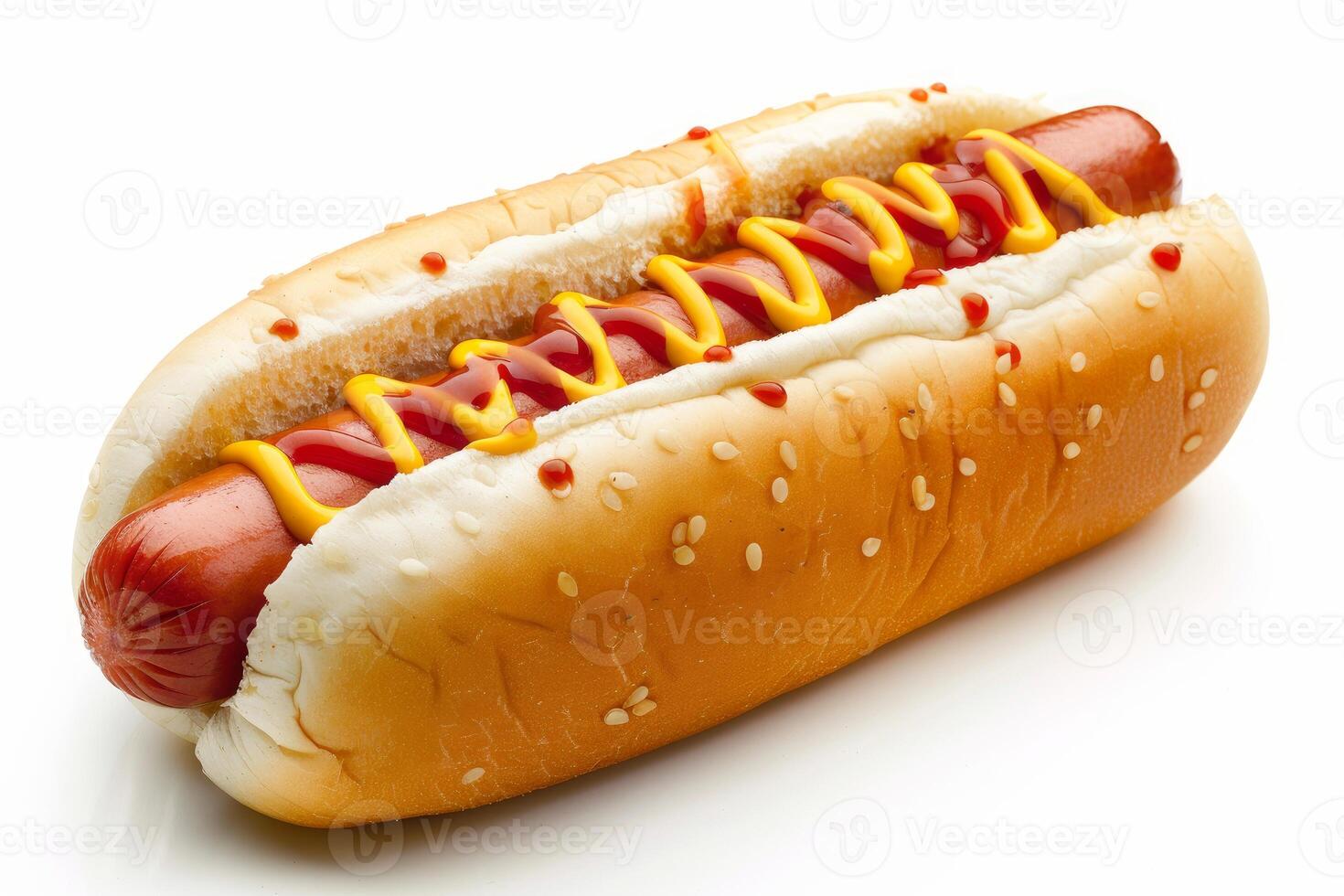 Delicious hot dog with mustard and ketchup on white background photo