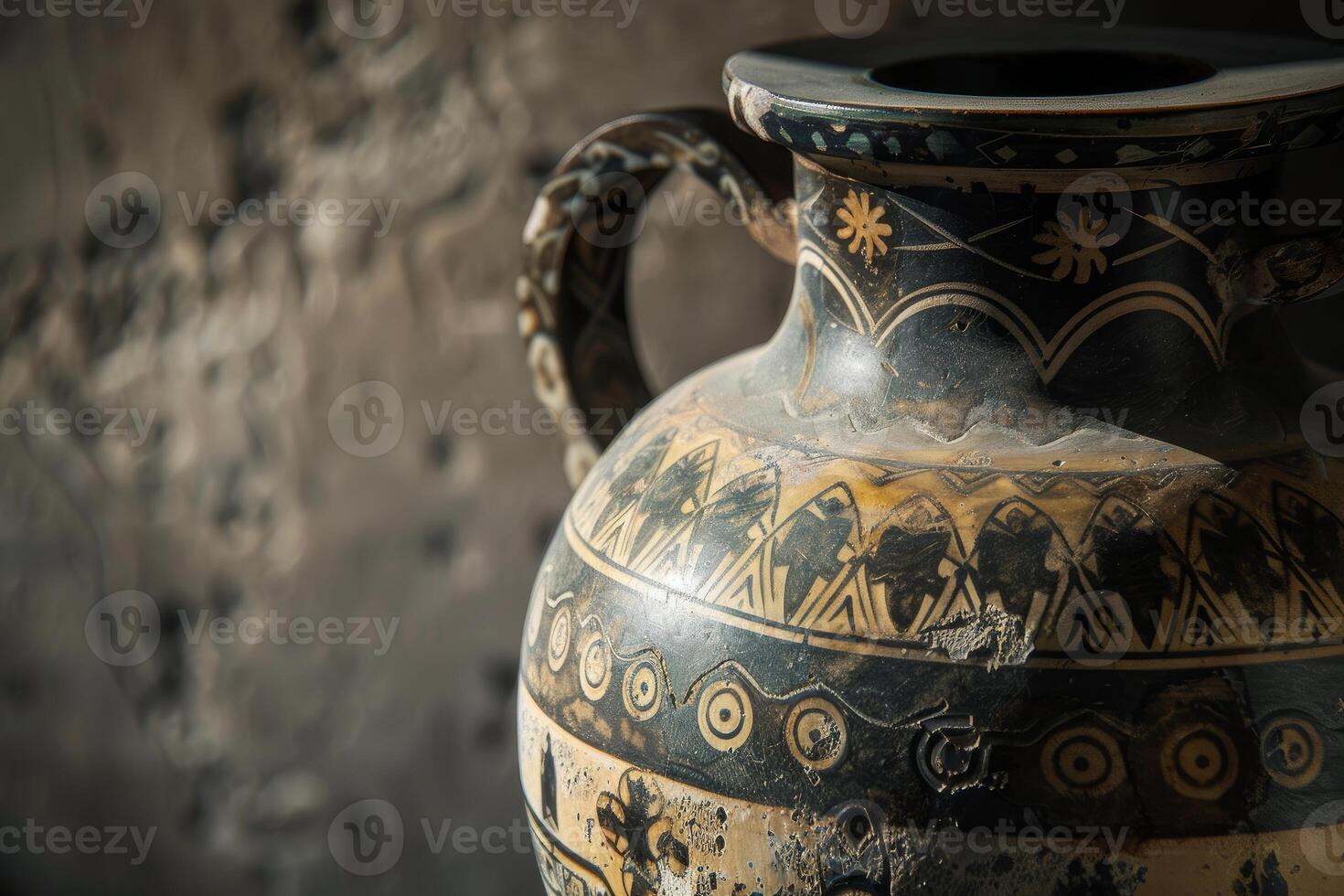 Ancient greek amphora showing signs of aging with intricate geometric patterns photo