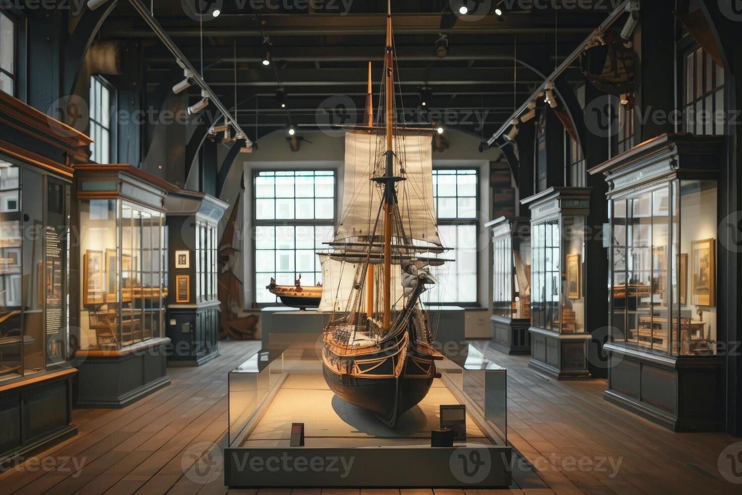 Model ship displayed in museum exhibit dedicated to maritime history photo