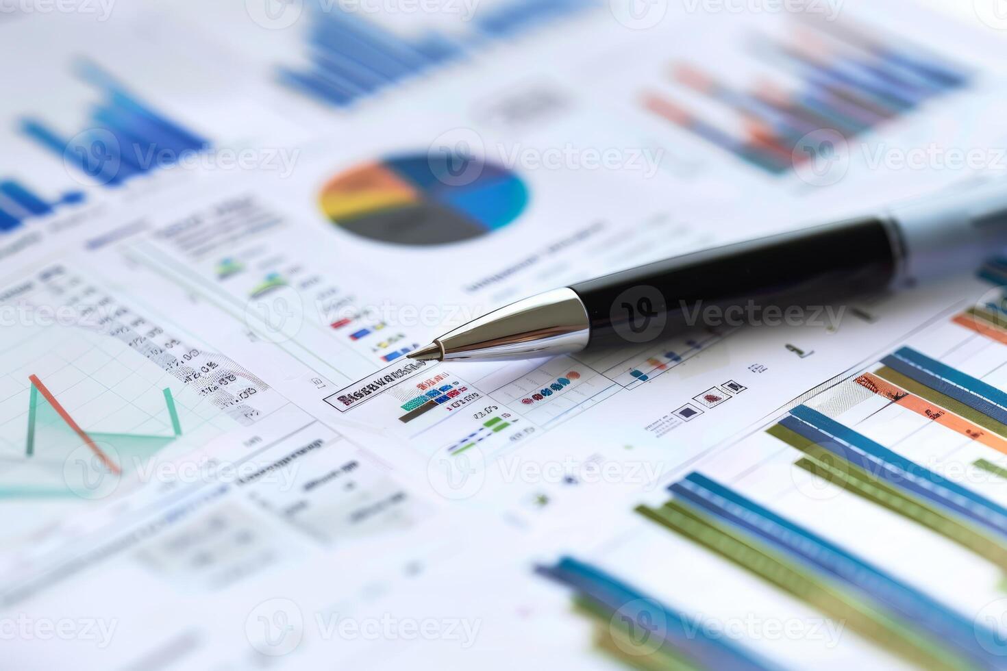 Ballpoint pen lying on documents with financial statistics charts and graphs background photo